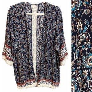 Navy Paisley Fringe Hem Boho Kimono